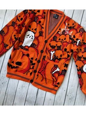 Unisex steady hands Orange Pumpkin Knit Cardigan Halloween Sweater